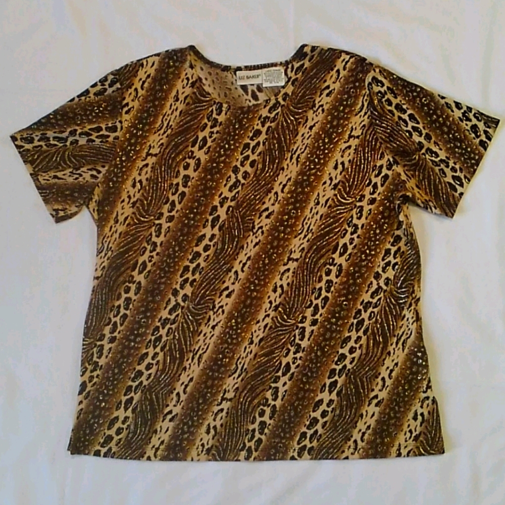 Liz Baker Boho Animal Leopard Print SS Tee L
